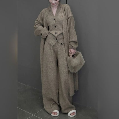 Sleeveless Vest, Wide Leg Pants & Open Front Cardigan Set