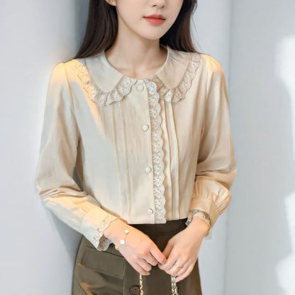 Pintucked Lace-Trim Long-Sleeve Blouse