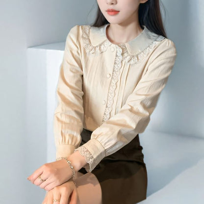 Pintucked Lace-Trim Long-Sleeve Blouse