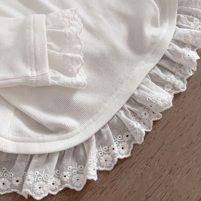 Round Neck Lace Accent Long-Sleeve Top