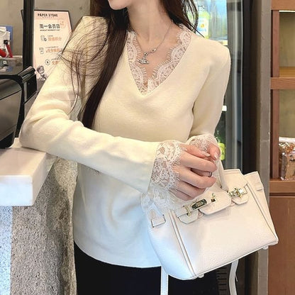 V-Neck Lace Panel Knit Long-Sleeve Top