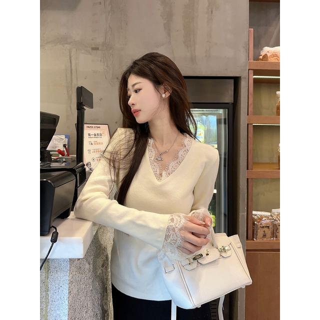 V-Neck Lace Panel Knit Long-Sleeve Top