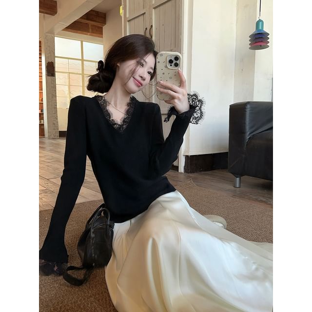 V-Neck Lace Panel Knit Long-Sleeve Top
