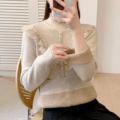 Pearl Accent Mock Neck Lace Frill Knit Top