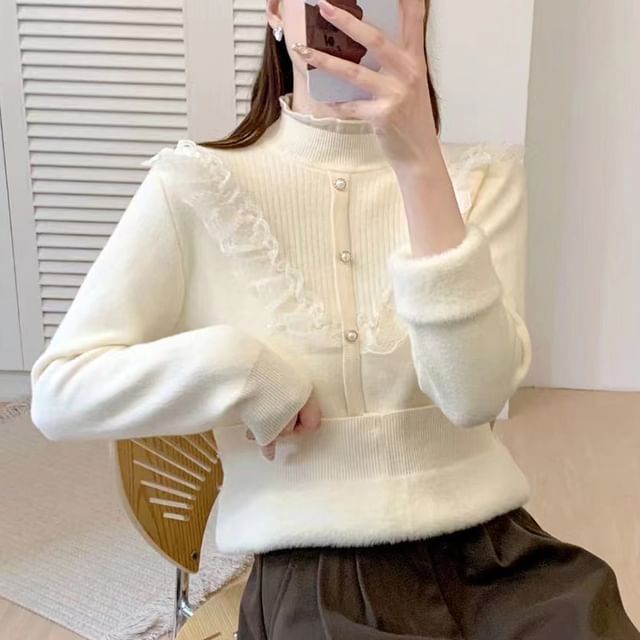 Pearl Accent Mock Neck Lace Frill Knit Top