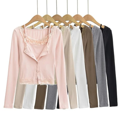 Lace Trim Cami and Button Cardigan Set