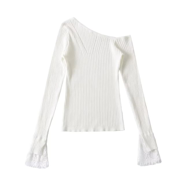 Cold-Shoulder Lace Cuff Ribbed Knit Top