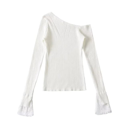 Cold-Shoulder Lace Cuff Ribbed Knit Top
