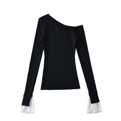 Cold-Shoulder Lace Cuff Ribbed Knit Top