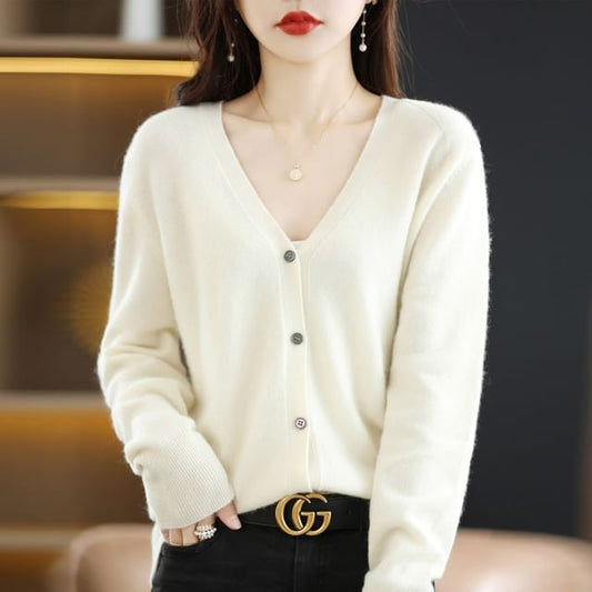 V-Neck Button-Front Plain Cardigan