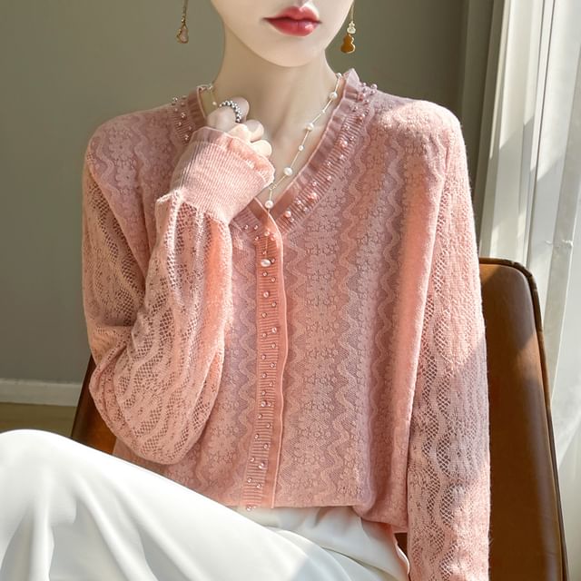 Beaded V-Neck Plain Cardigan