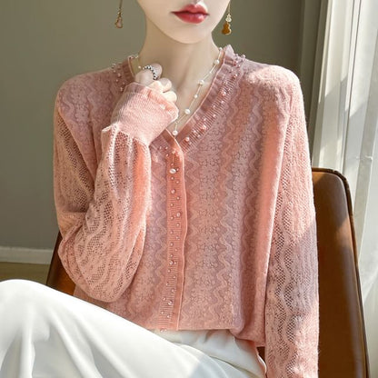 Beaded V-Neck Plain Cardigan