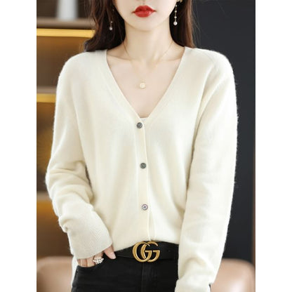 V-Neck Button-Front Plain Cardigan
