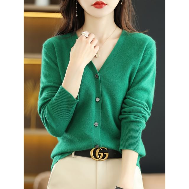 V-Neck Button-Front Plain Cardigan