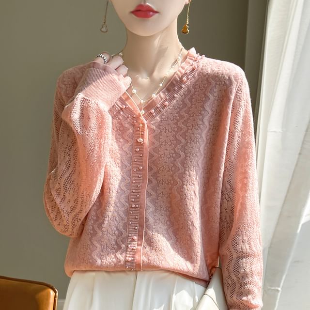 Beaded V-Neck Plain Cardigan