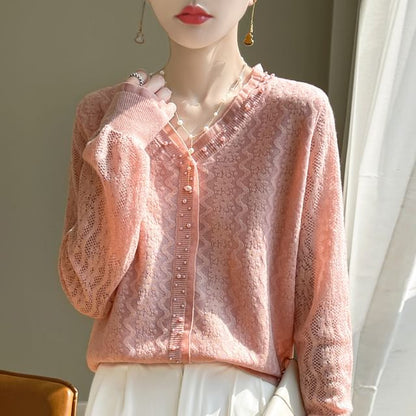 Beaded V-Neck Plain Cardigan