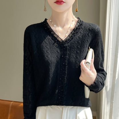 Beaded V-Neck Plain Cardigan