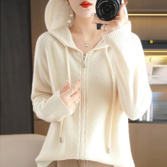 Ribbed Drawstring Hooded Zip Cardigan