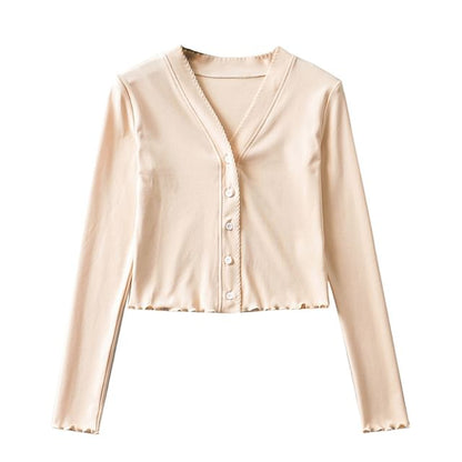 Ruffle Trim Crop V-Neck Cardigan