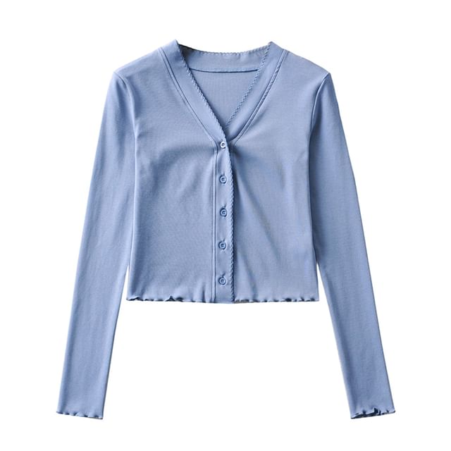 Ruffle Trim Crop V-Neck Cardigan