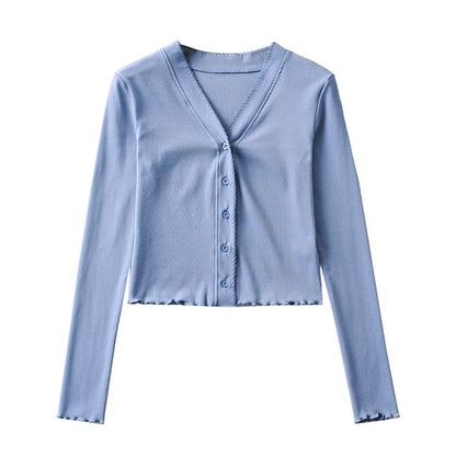 Ruffle Trim Crop V-Neck Cardigan