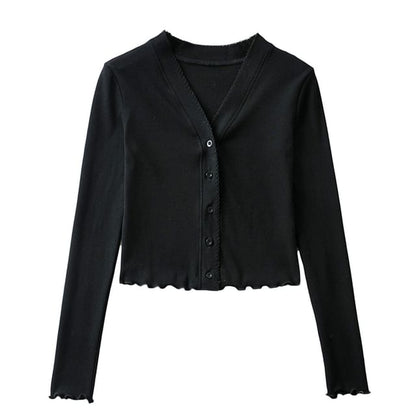 Ruffle Trim Crop V-Neck Cardigan