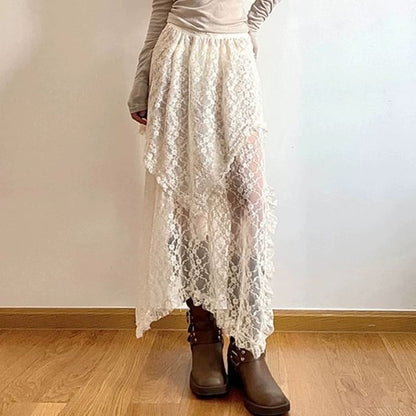 Asymmetric Lace Midi Skirt with String Belt