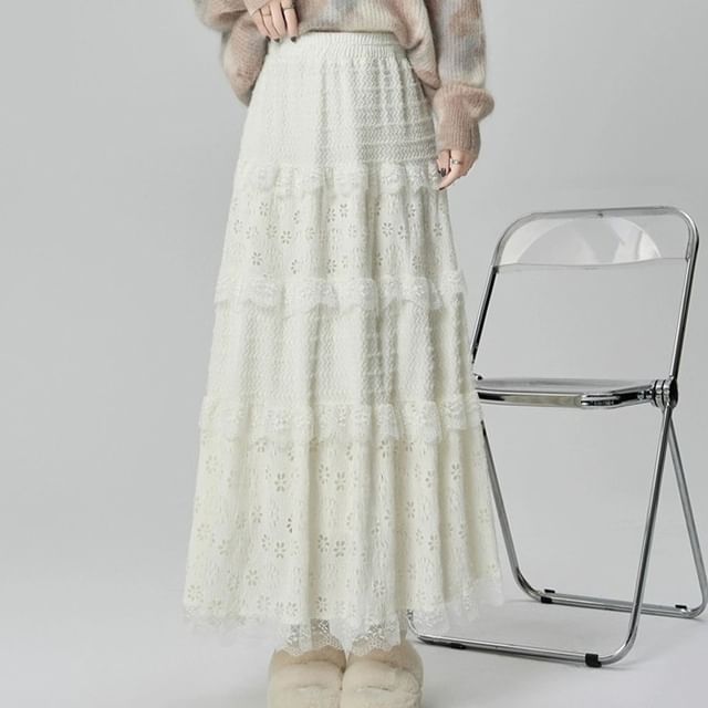 Elastic Waistband Layered Lace Midi A-Line Skirt