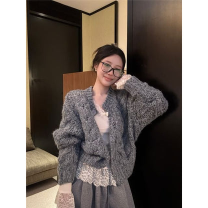 Crewneck Knit Sweater, Sleeveless Lace Camisole, and High-Waist Wide-Leg Trousers