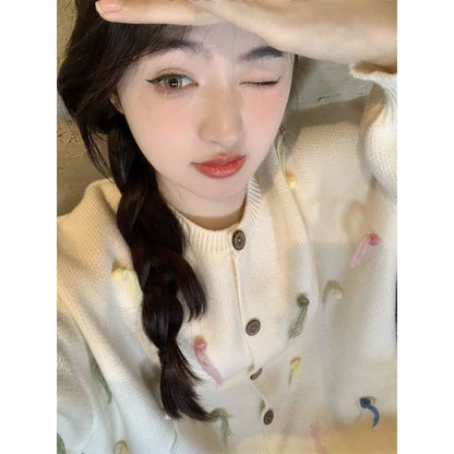 Frayed Crewneck Button-Front Cardigan