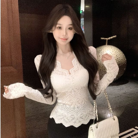 Elegant V-Neck Lace Blouse with Extended Sleeves