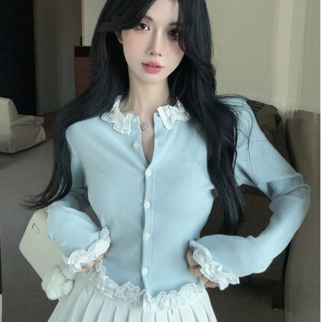 Ruffle Panel Round Neck Cardigan