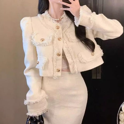 Fringed Crop Jacket and Pencil Skirt Set with Round Neck