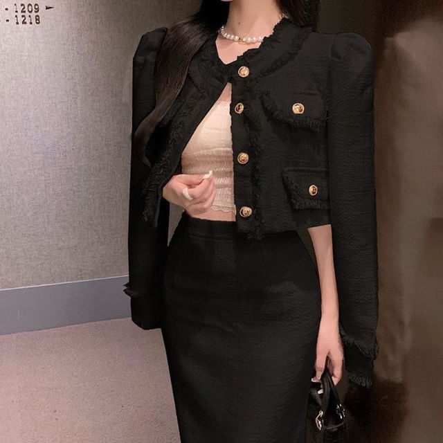 Fringed Crop Jacket and Pencil Skirt Set with Round Neck