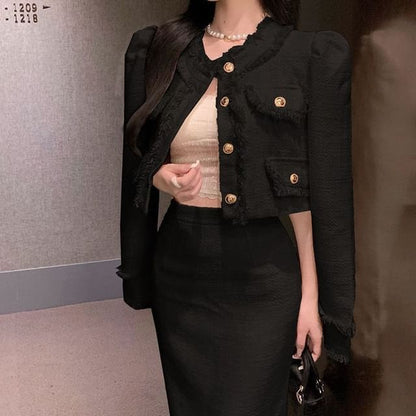 Fringed Crop Jacket and Pencil Skirt Set with Round Neck