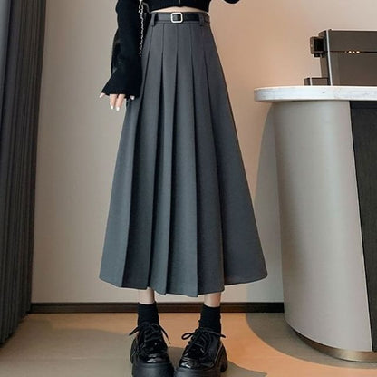 Pleated Midi A-Line Skirt with High Waist
