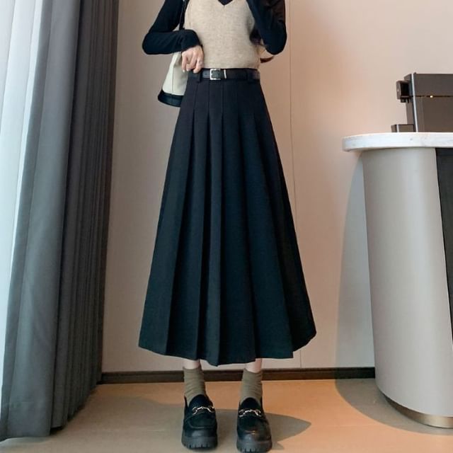 Pleated Midi A-Line Skirt with High Waist