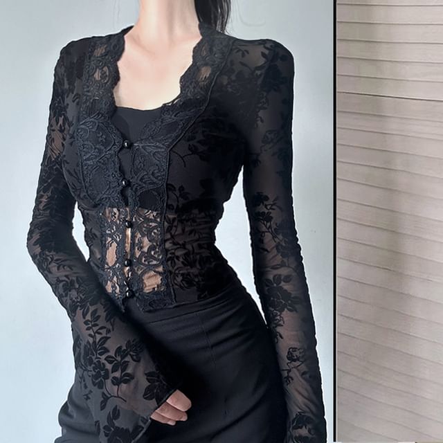 V-Neck Lace Crop Top with Long Sleeves