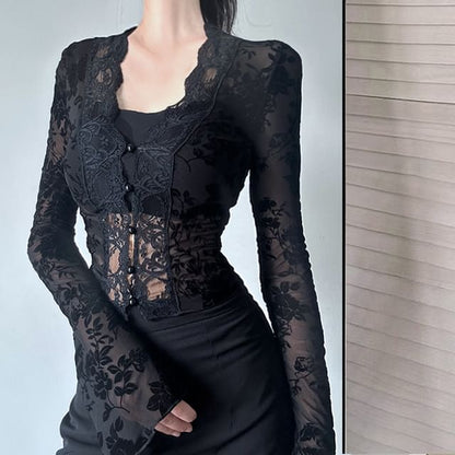 V-Neck Lace Crop Top with Long Sleeves