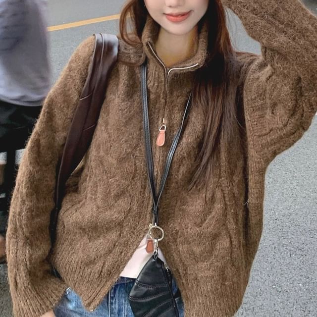 Plain Turtleneck Zip Cardigan