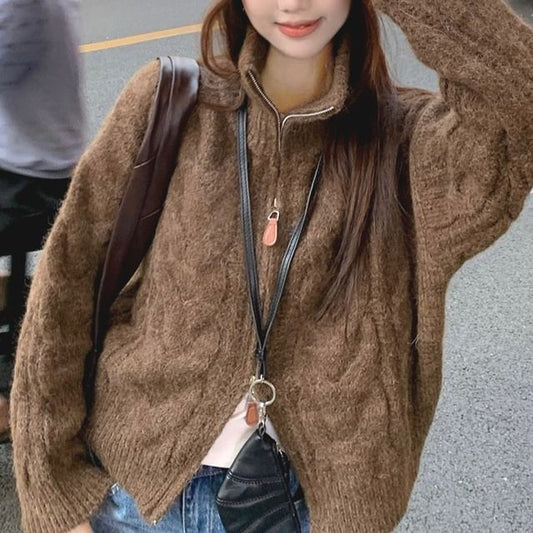 Plain Turtleneck Zip Cardigan