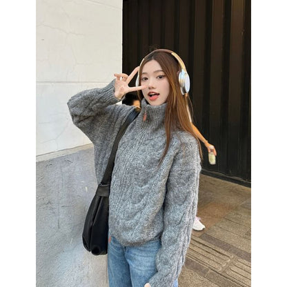 Plain Turtleneck Zip Cardigan