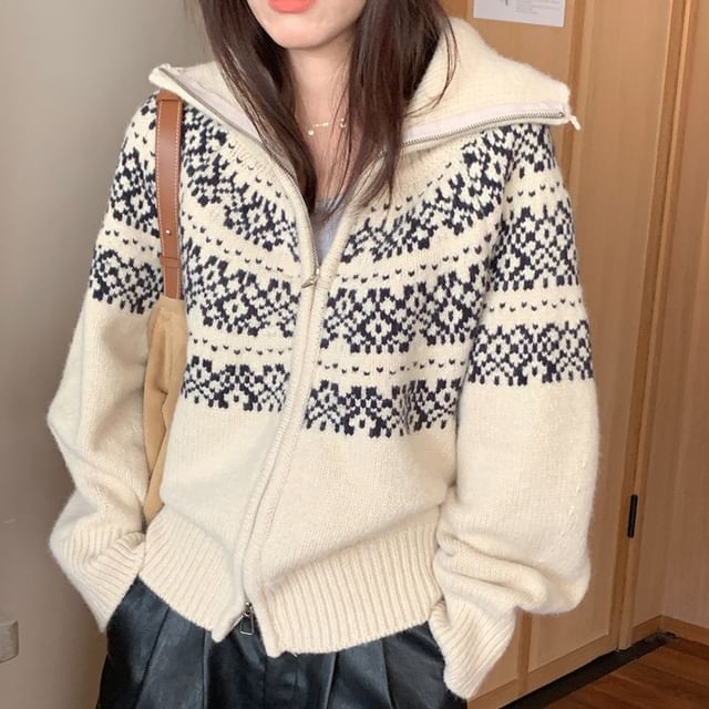 Jacquard Zip-Front Cardigan