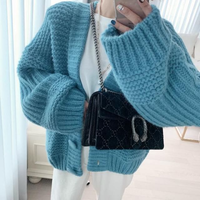 Button-Front Plain Cardigan