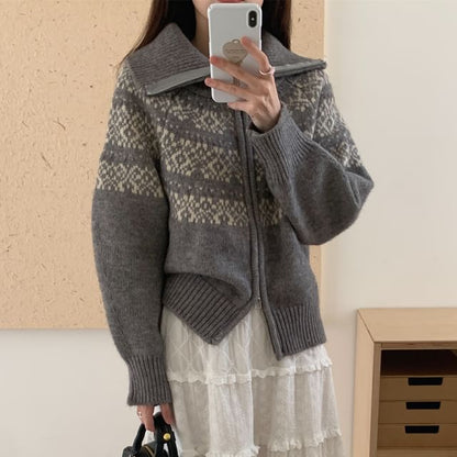 Jacquard Zip-Front Cardigan