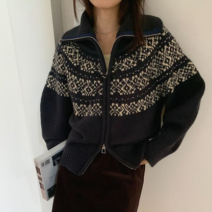 Jacquard Zip-Front Cardigan