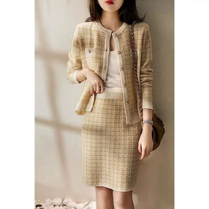 Plaid Button Cardigan & High Rise Midi Pencil Skirt Set