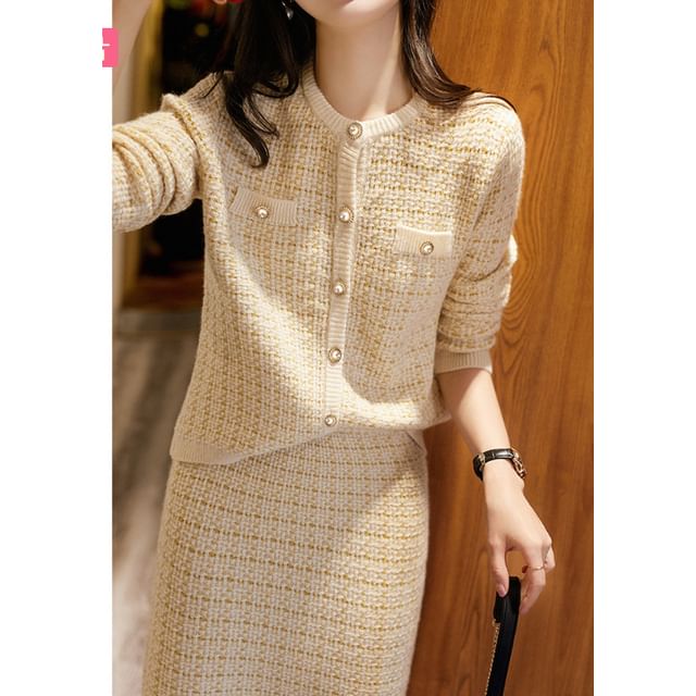 Plaid Button Cardigan & High Rise Midi Pencil Skirt Set