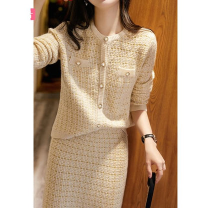 Plaid Button Cardigan & High Rise Midi Pencil Skirt Set