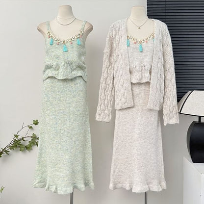 Ethnic Fringed Tank Top + Midi Skirt + Cardigan Set